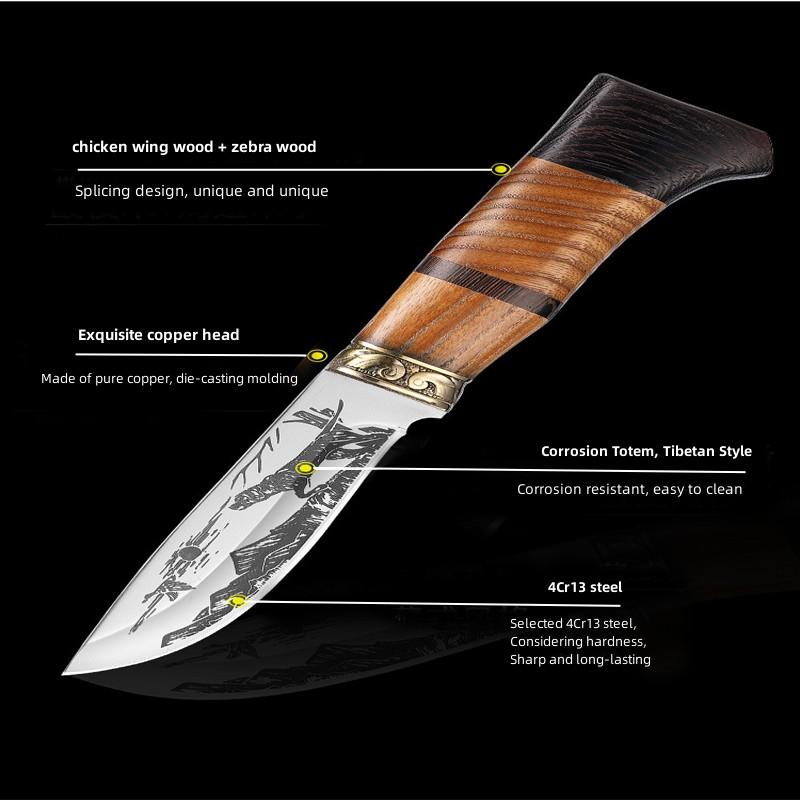 Kitchen Knife Set Beautifully Corroded Pattern Double Solid Wood Splice Copper Head Handle High Hardness Steel Carving Knife