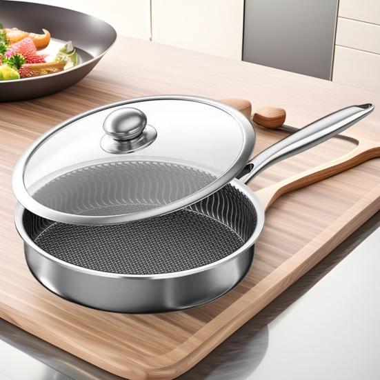 Stainless Steel Frying Pan Dual-Sided Grill for Steak & Eggs One-piece Handle Skillet Commercial Grade Corrosion-resistant Cookware with Ergonomic