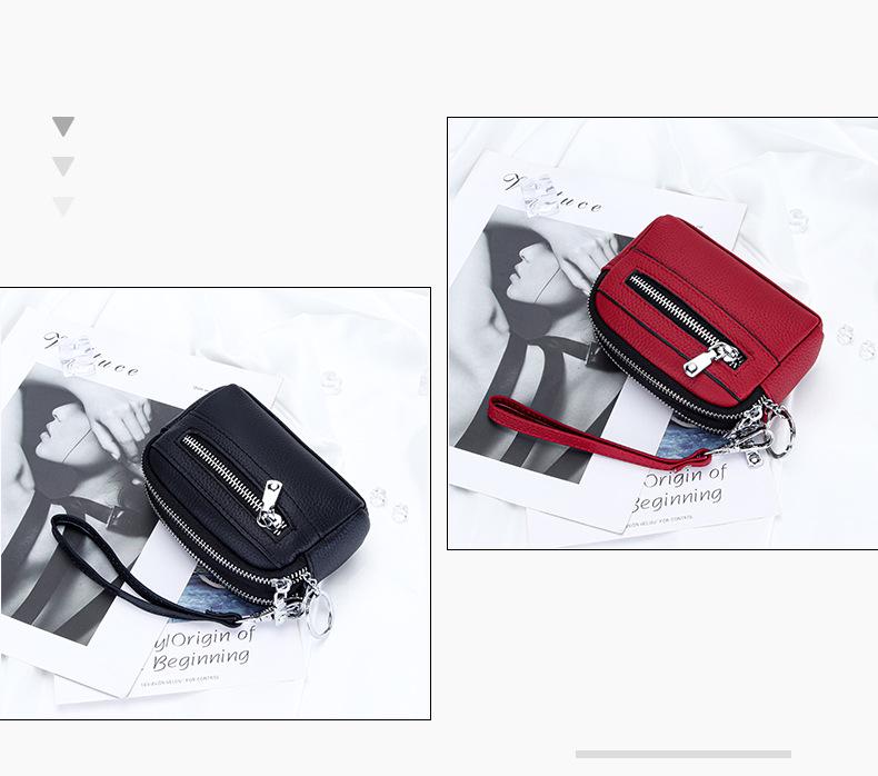 Women's Mini Clutch: Double Zipper Genuine Leather Coin Purse with Large Capacity - First Layer Cowhide