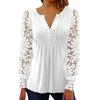 V Neck Lace Blouse Women Casual Vintage Hollow Out Long Sleeve Shirt Slim Tops White Solid Pleated Fashion