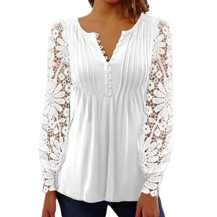 V Neck Lace Blouse Women Casual Vintage Hollow Out Long Sleeve Shirt Slim Tops White Solid Pleated Fashion