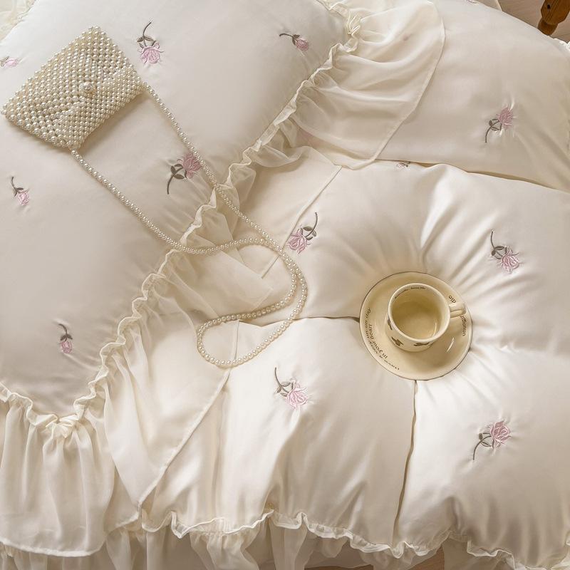 Tencel Bedding Four-piece Light Luxury French Princess Style Ice Silk Comfortable Silky Sheet Quilt Cover Pillowcase