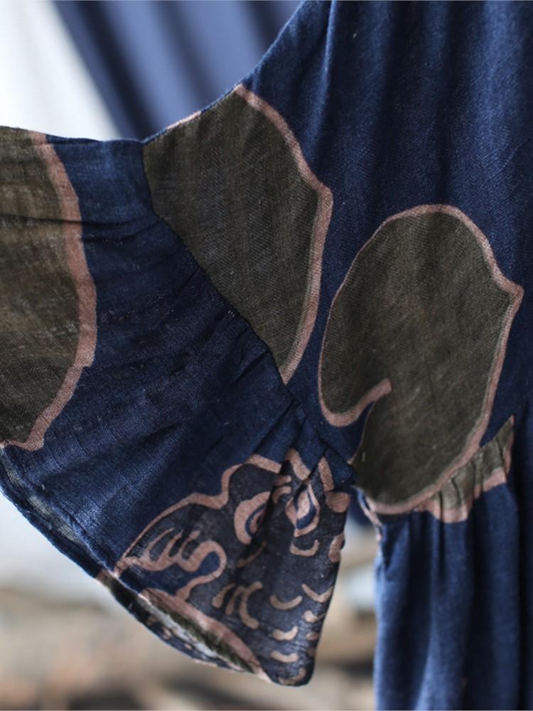 Johnature Women Flare Sleeve Spring Dress Print Floral Loose Robes O-Neck Seven Sleeve Cotton Blend Women Vintage Dress