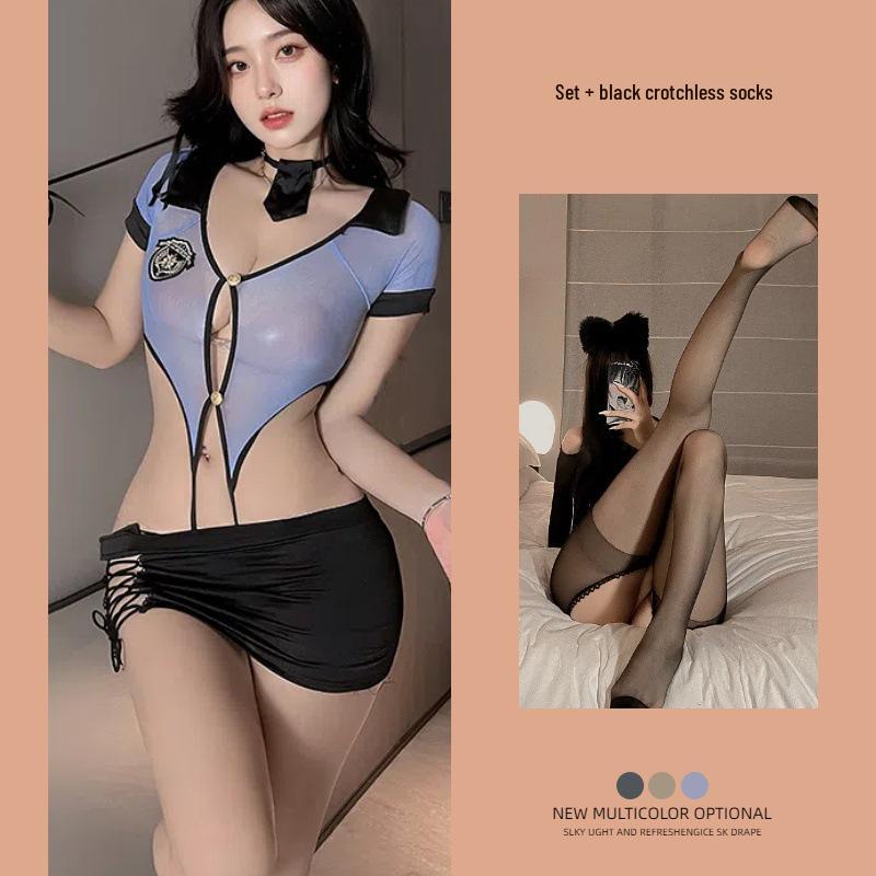 Policewoman Cosplay Lingerie: Sexy V-Neck One-Piece with Hollow Straps and Hip Skirt.