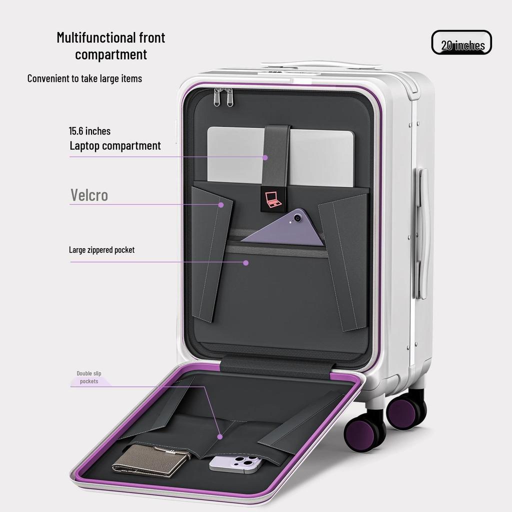 Women's 20-Inch Front-Opening Aluminum Carry-On Luggage 2025, Large Capacity with Wide Pull Rod