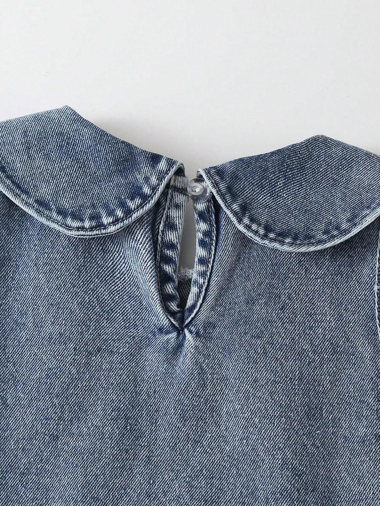 Single-piece Girls' Casual Everyday Cute Simple Versatile Denim Dress with Large Lapel Bow Embroidery, Sleeveless Peter Pan Collar
