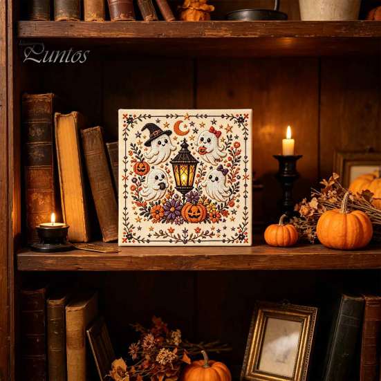 Kompletní balíček pro jehlovou práci Halloweenská výšivka, DIY sada stehů pro dospělé, Roztomilá čarodějnice, Světlý dýně, Duch, Černá kočka Vzor na stěnu