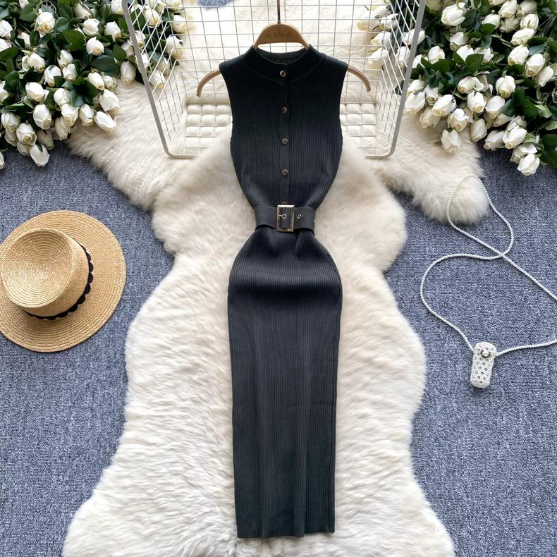 RUGOD European and American Dress Women's New Breasted Lace-up Waist and Hips Elastic Knitted Sleeveless Sexy Hip Dress