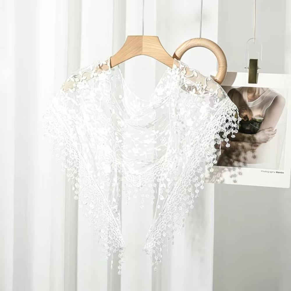 Triangular knitted floral scarf for women, shawl with tassels, casual, classic, transparent, breathable, sun protector