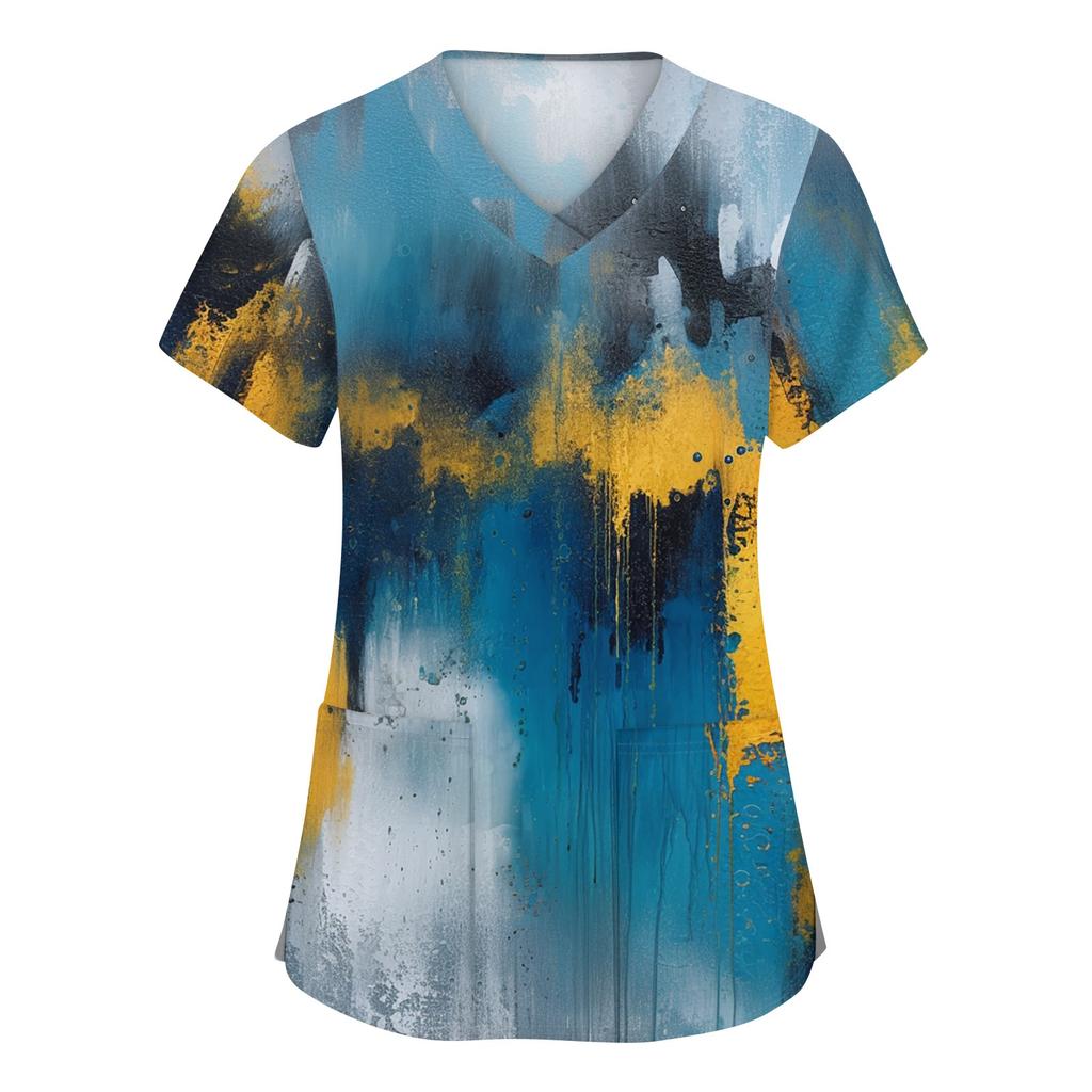 Women's Fashion V-neck Short Sleeve Workwear With Pockets Printed Tops