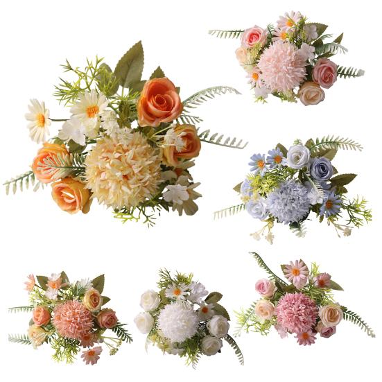 Fleurs Artificielles Haute Simulation Pétales en Soie Toucher Réel Tiges en Fil de Fer Réglables Roses Mixtes Hortensias Marguerites Sans Entretien Décoration de Maison Cadeaux