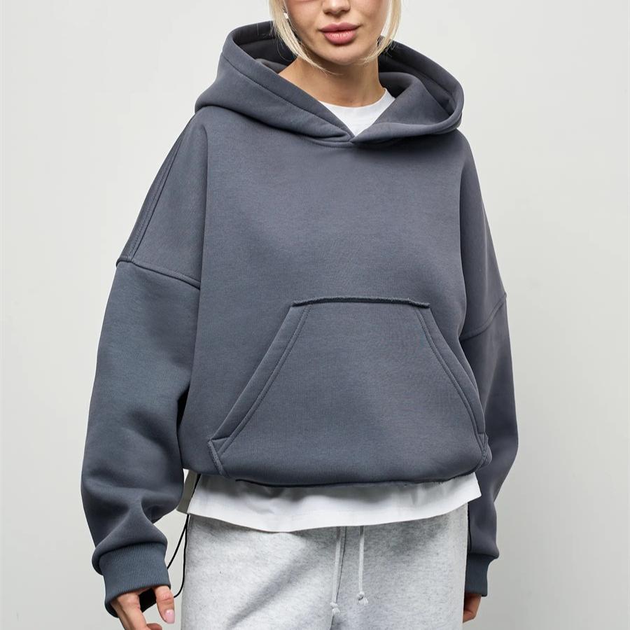 Women's Casual Solid Color Hooded Sweatshirt, European Style, Fitted Waist, Long Sleeves, Short Length, Pullover Style.