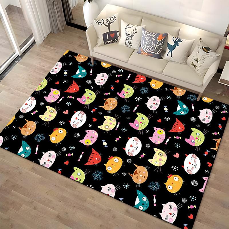 Colorful Cartoon Cat Faces Pattern with Hearts and Candy on Black Background Carpet Suitable for use as an anti-slip for room and bedroom sofas