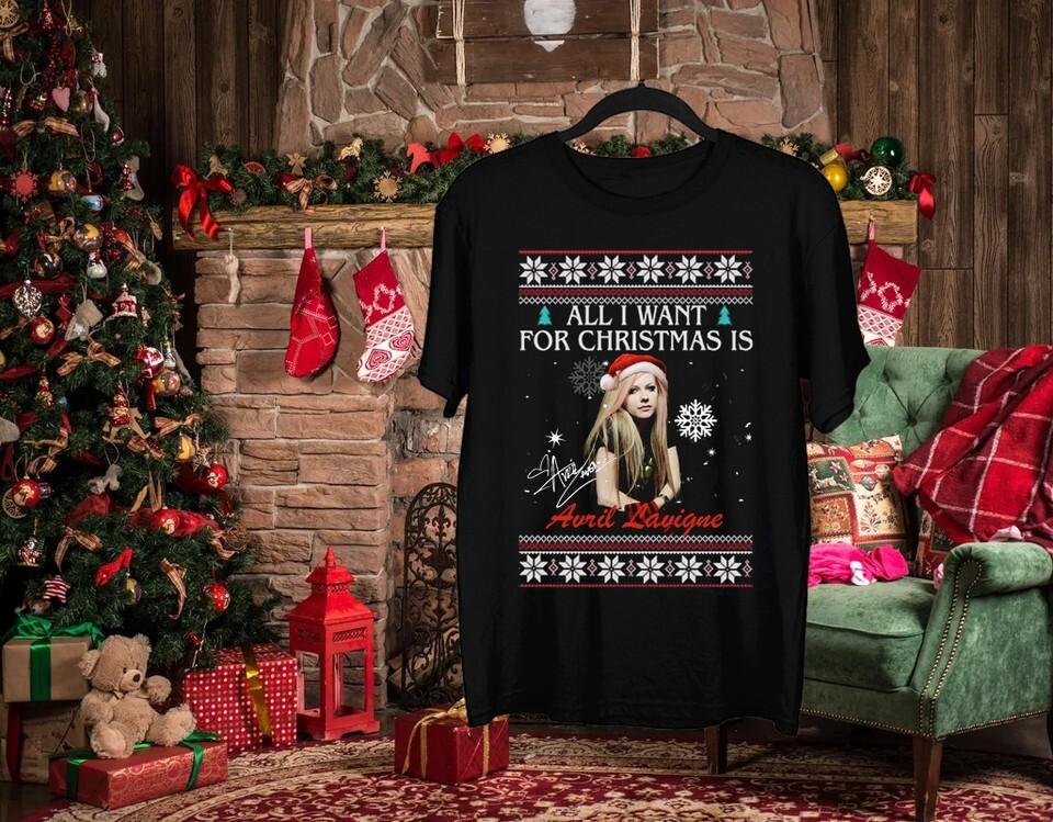 Avril Lavigne Merry Christmas Full Size Men Women Cotton Black Shirt KN181 Unisex T-Shirt L