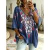 T-shirt da donna taglia grande con scollo a V, top casual rétro, con stampa, alla moda e versatile, lavabile in lavatrice.