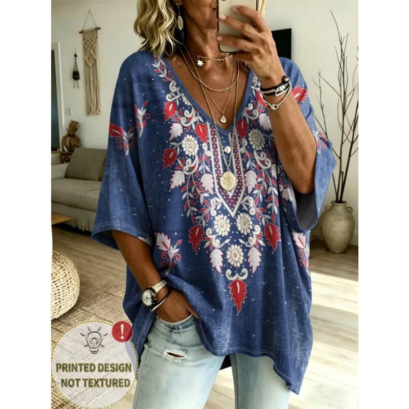 T-shirt da donna taglia grande con scollo a V, top casual rétro, con stampa, alla moda e versatile, lavabile in lavatrice.