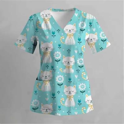 Uniformes de Trabalho Femininos Tops de Pijama Estampados com Dinossauros Fofos Golas V com Bolsos Uniformes Cirúrgicos para Dentista Veterinário Enfermeira Enfermagem