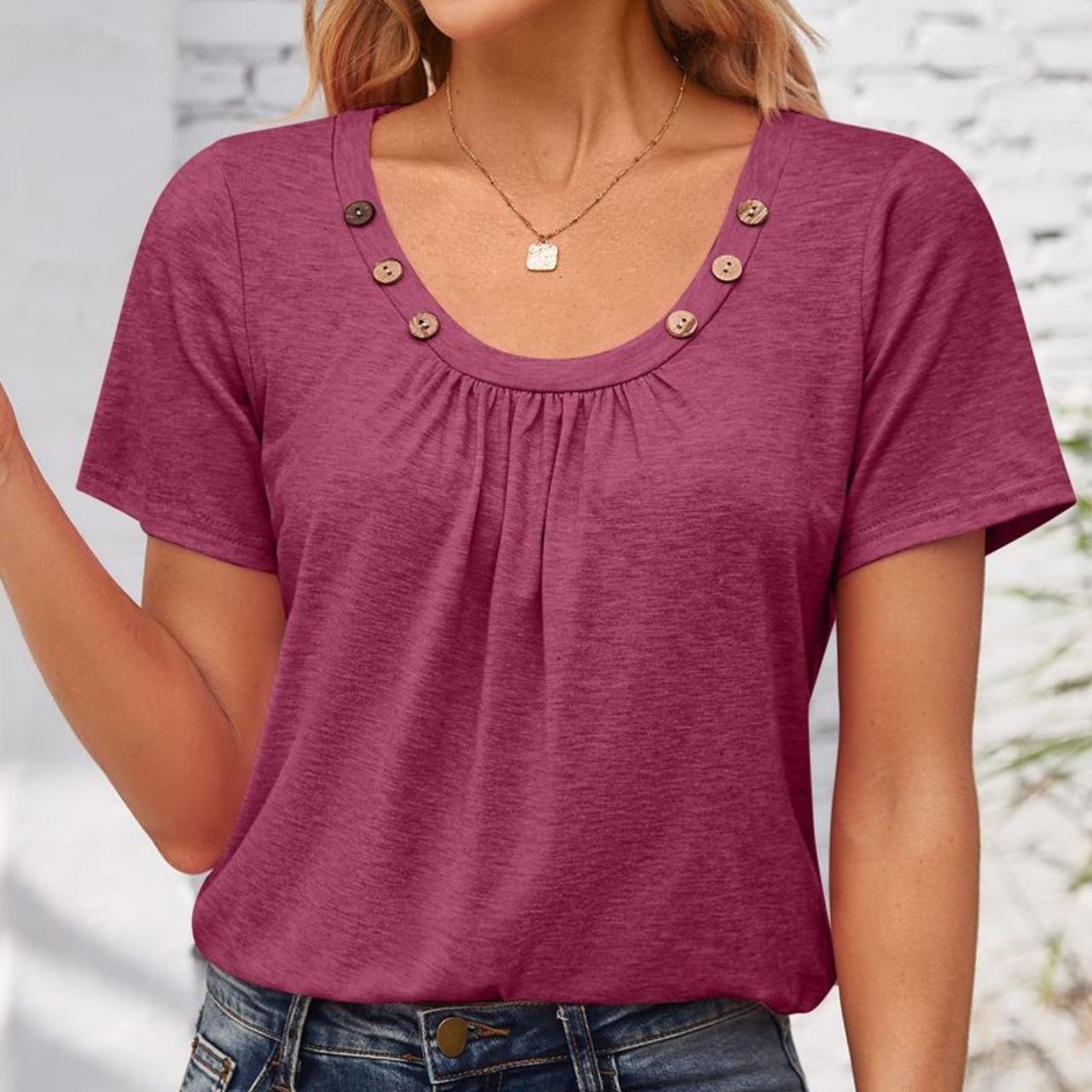 

GMXIA женские модные повседневные летние однотонные блузки и рубашки с короткими рукавами с застежкой и U-образным вырезом L фуксия