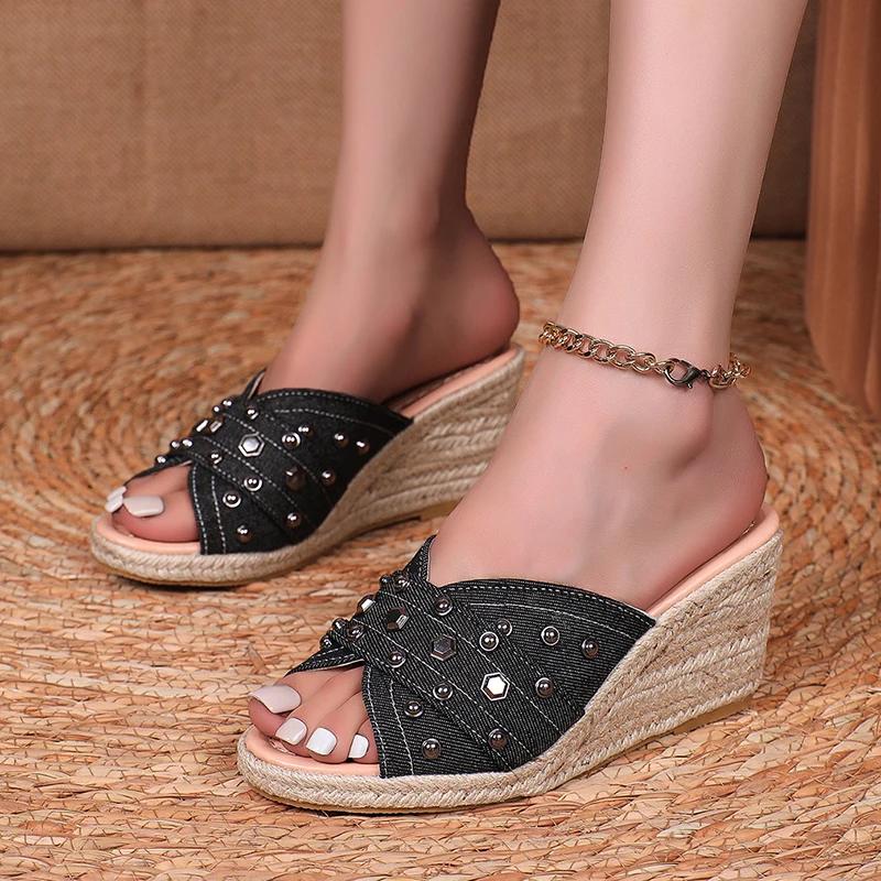 Fashion Fashion Denim Chunky Wedge Sandals Women 2025 Rivets Decor High Heels Slippers Woman Peep Toe Thick Bottom Sandles Plus Size 43