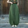 Women Vintage Linen Bloomers Pants Solid Color Patchwork Elastic Waist Spring Trouser Loose Pants