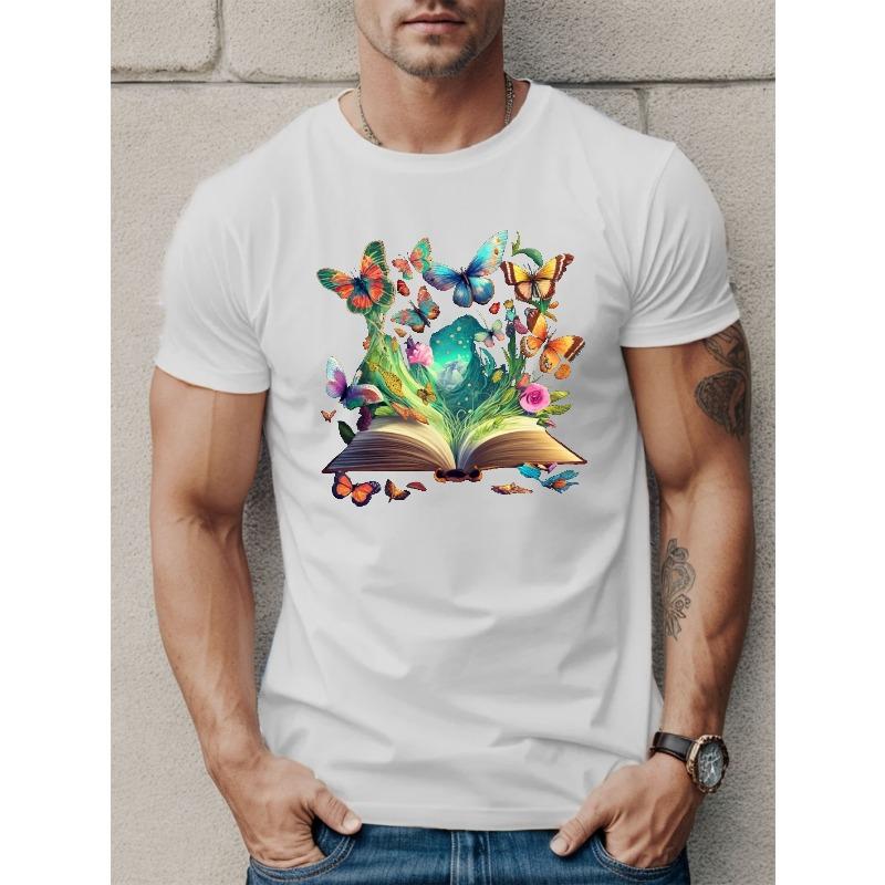 European Size Butterflies In A Book Print T Shirt, Tees For Men, Casual Short Sleeve T-shirt For Summer