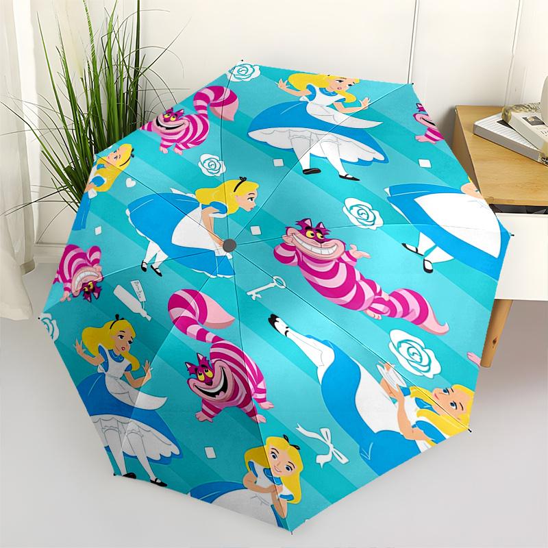 Alice,Wonderland,Cheshire Cat Theme Automatic Compact Folding Cute Umbrella - Portable and Durable, 8-Bone Iron Umbrella for All Weather0707