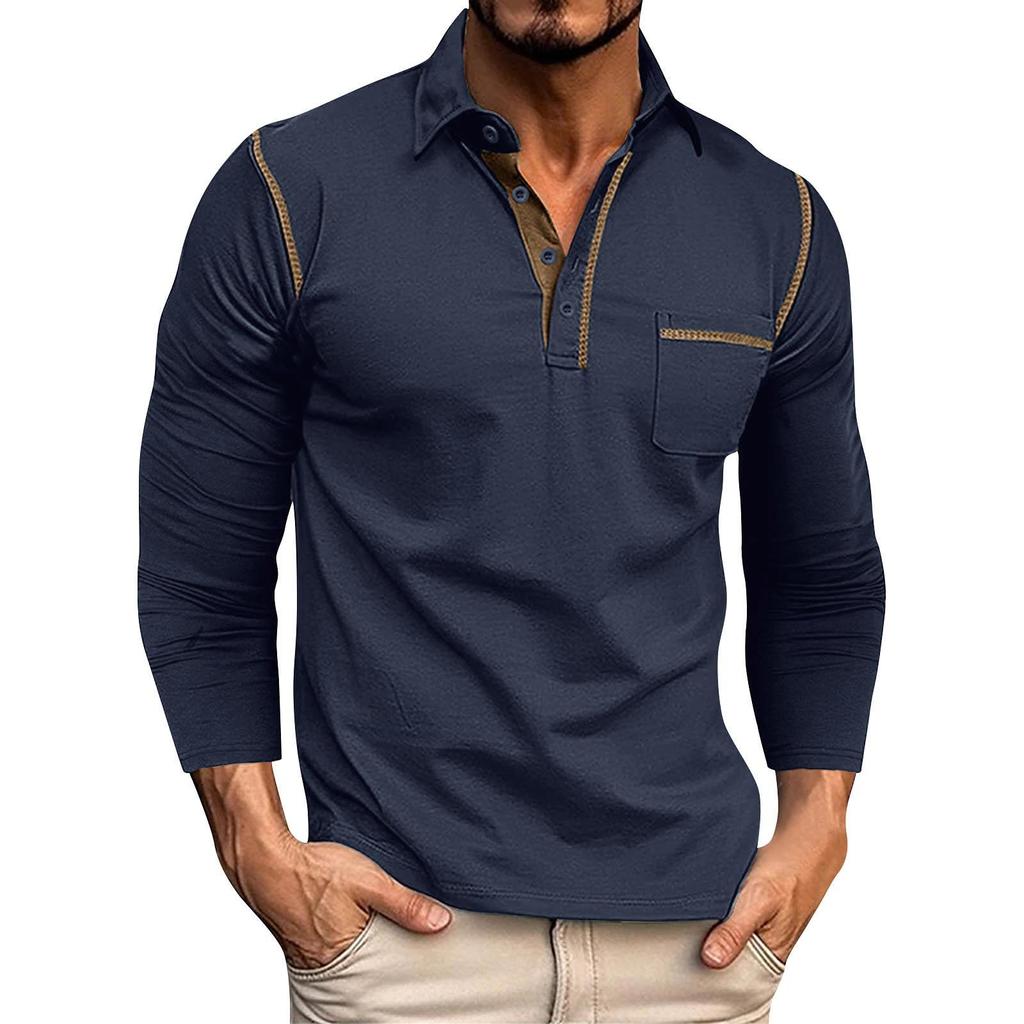 Autumn and winter cross-border men's long-sleeved t-shirt men's Henry shirt color matching t-shirt top