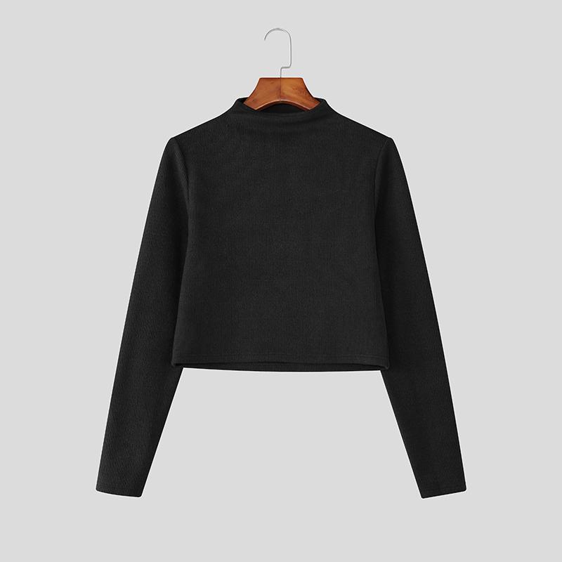 

INCERUN Men Mockneck Long Sleeve Fitted Texture Cropped T-shirt Tops Undershirts 3XL чорний