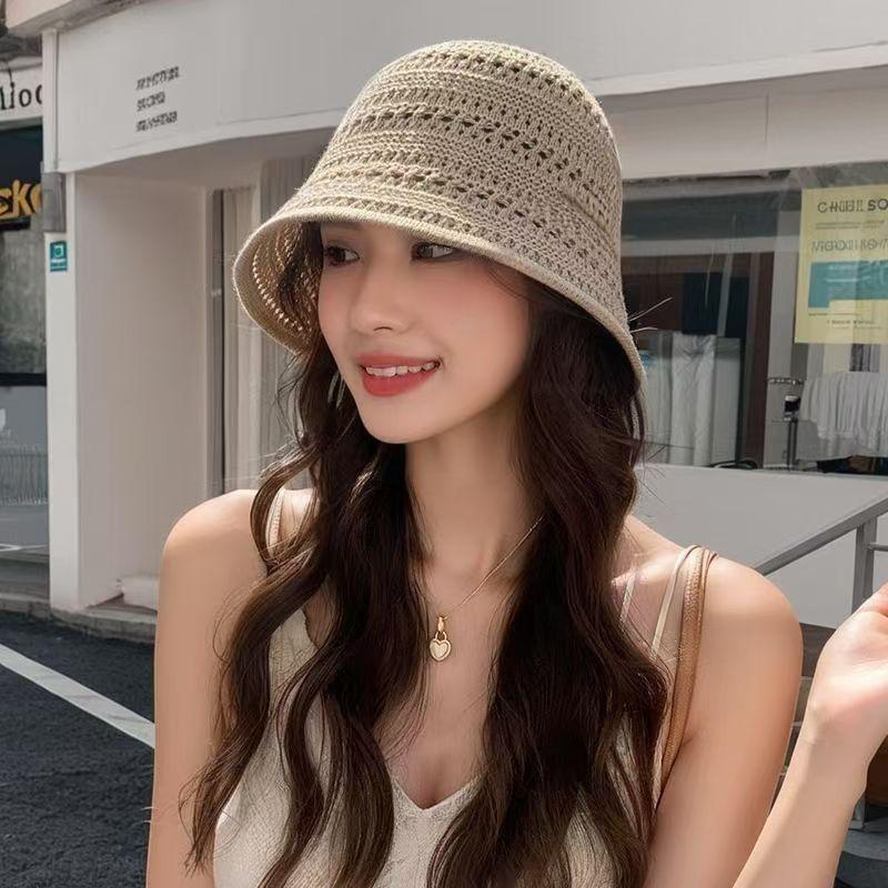 Color knitted hollow breathable bucket hat women's summer outdoor face small sunshade bucket hat women's basin hat