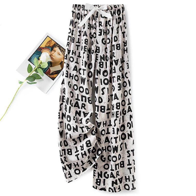 Pantaloni de pijama din bumbac mătase pentru femei, secțiune subțire de vară, anti-țânțari, pantaloni cu picior lat, culoare uni, pentru exterior, casă, petrecere a timpului liber, imprimeu, pantaloni de plajă până la genunchi