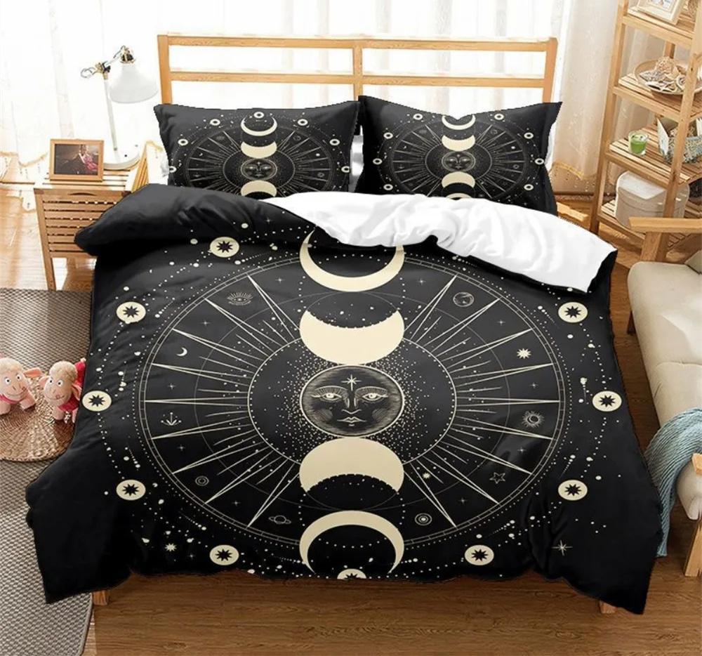 Black Sun Moon Star Bedding Set Bohemian Totem Line Duvet Cover Pillowcases Bedlinen Adults Bedclothes Twin Full Queen King Size