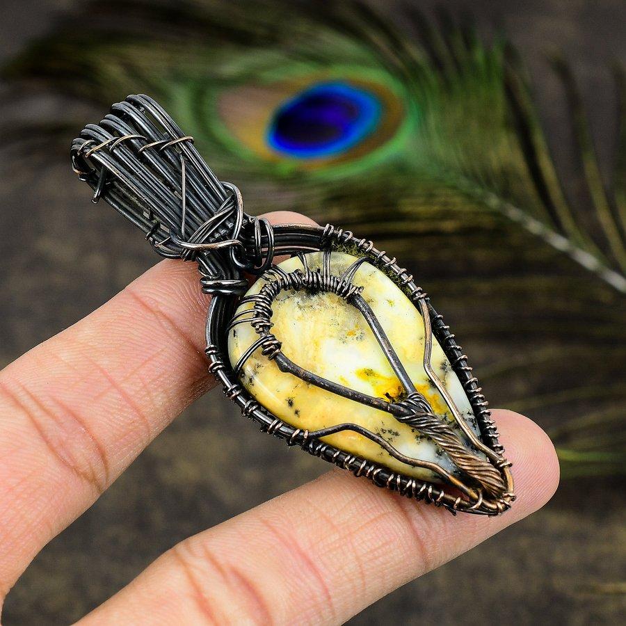 Yellow Dendritic, Moonstone Gemstone Copper Wire Wrap Jewelry Pendant 2.56"