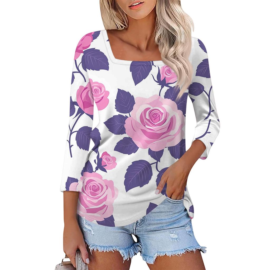 Dámské tričko s potiskem a 3/4 rukávy pro každodenní nošení i na víkend, módní základní top se čtvercovým výstřihem, běžný střih