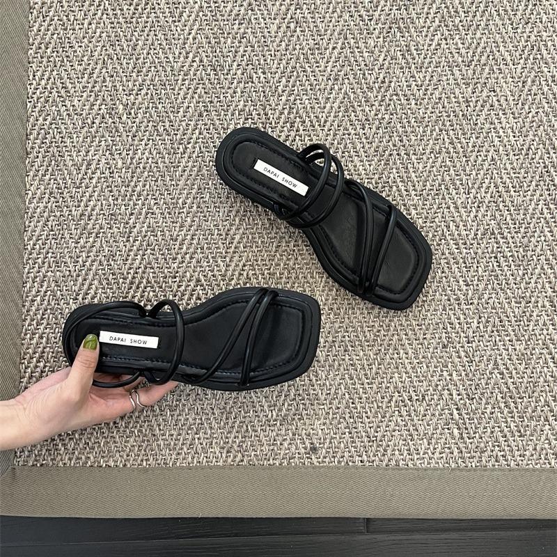 Comemore French Women Sandals Slippers Female Summer New Low Heeled Flip Flops Solid Casual Square Toe Beach Slippers