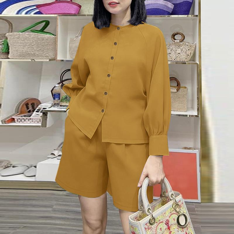 ZANZEA Women Long Sleeve Blouse and Shorts Casual Two Piece Suit Sets
