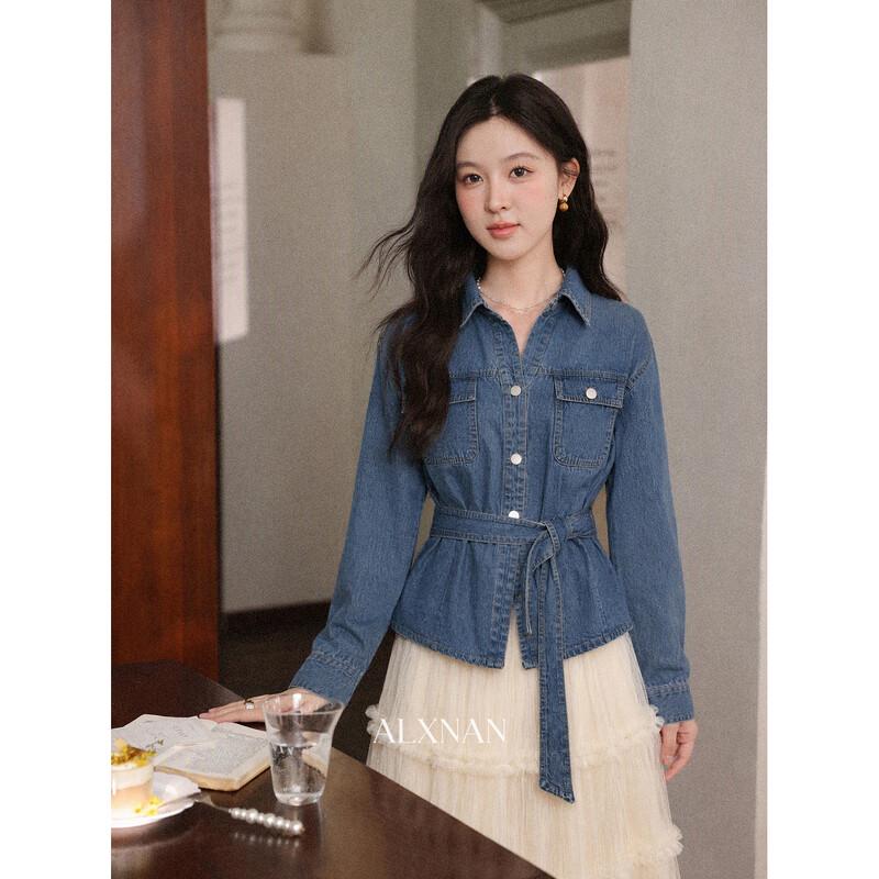 Luxiangnan Women's Retro Denim Blue Belted Shirt