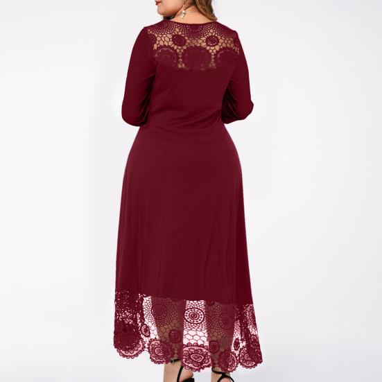 Women Dress Round Neck Long Sleeves Mid-Waist Irregular Hem Lace Stitching Elegant