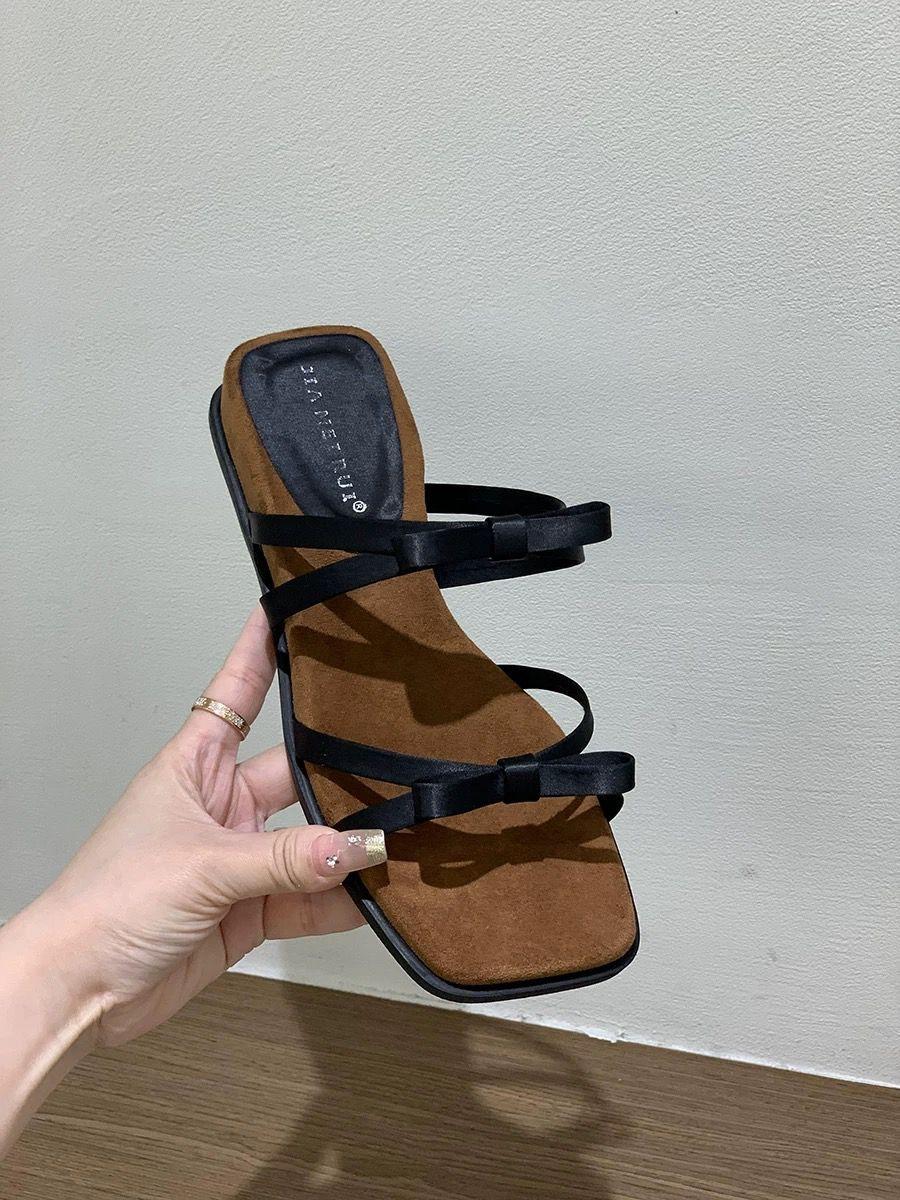 

Purple temperament wedge heel French thin strap cool slippers fairy 2025 new summer bow Roman cool slippers 35