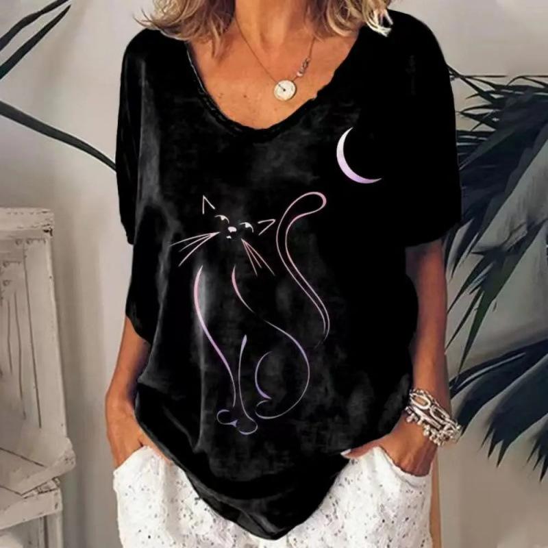 Summer V-neck 3D Cute Cat Printed Top Fashionable Casual Short Sleeved Women's T-shirts