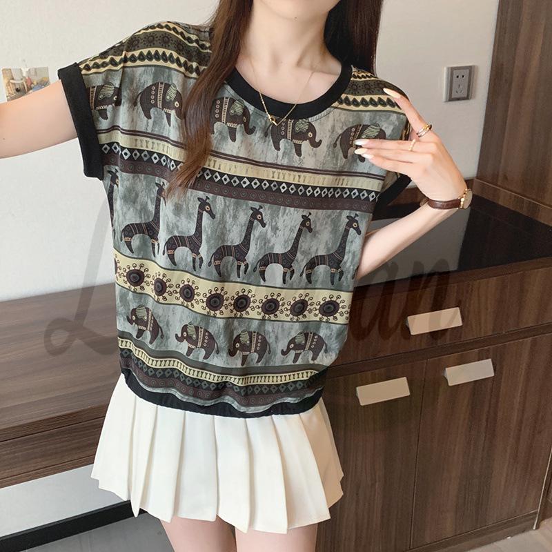 2026 Summer Plus Size Women s Retro Print Flutter Sleeve T-shirt L