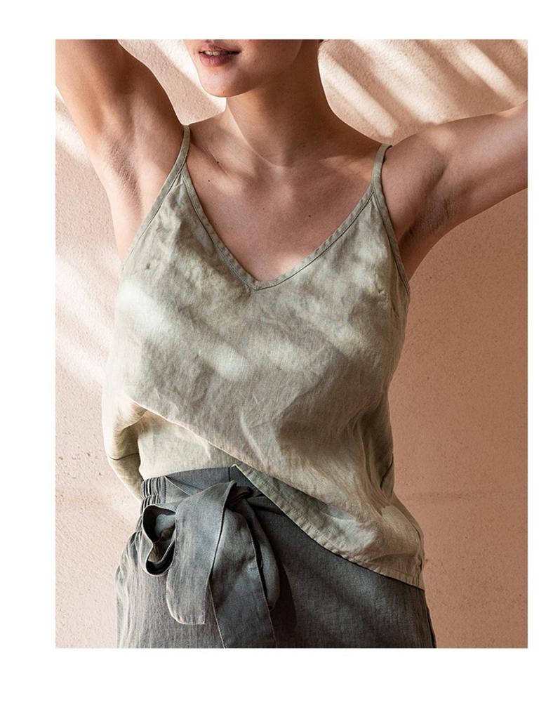 2026 summer European and American women's loose temperament simple v-neck sleeveless linen cotton solid color halter top