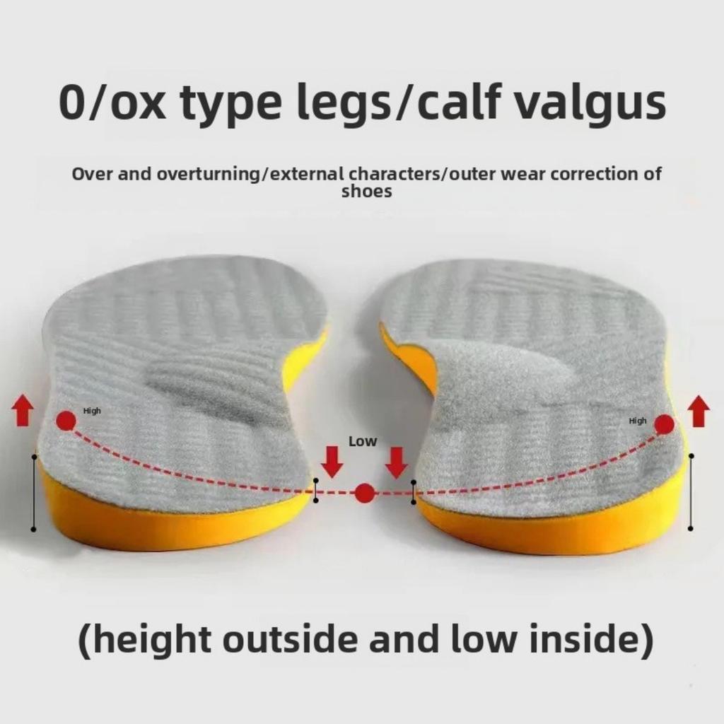Ett par O-benskorrigerande inläggssulor för vuxna - Stötdämpande och andningsbar plug-in-design, med gula accenter och texturerad yta