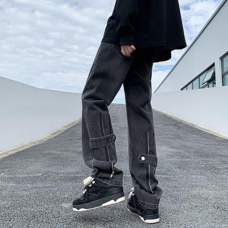 New High Street Zipper Jeans For Men In Summer Retro Handsome Pants Loose Trendy Brand Wide Leg Straight Casual Trousers For Men