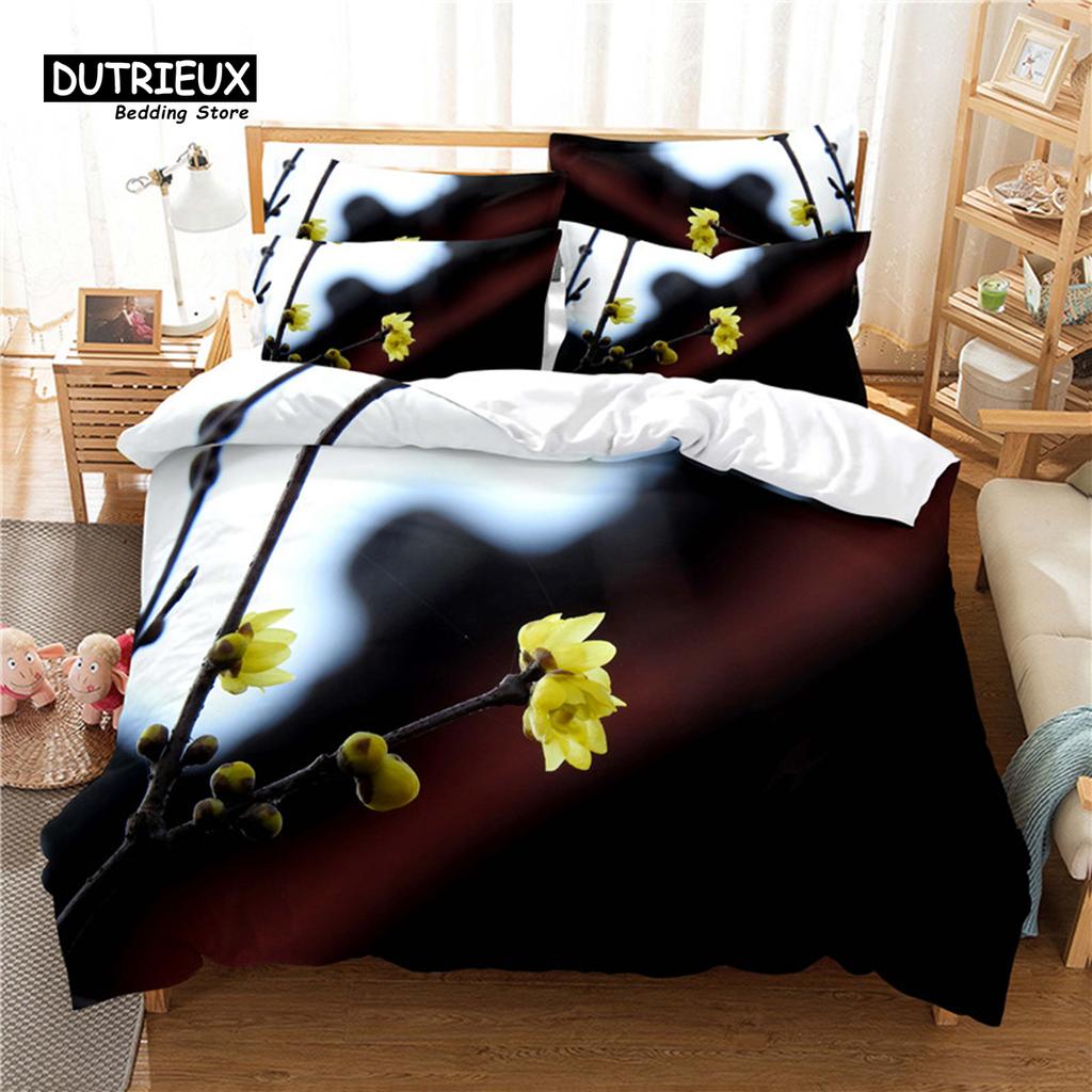 Beautiful Flower Bedding Set, 3Pc Flowers Duvet Cover Set, Soft Comfortable Breathable Duvet Cover, For Bedroom Guest Room Decor