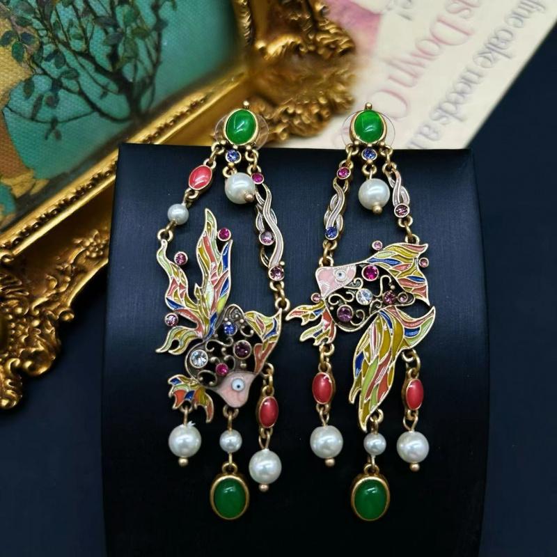 Vintage Fashion Goldfish Shaped Tassel Shoulder Sweep Earrings Pearl Enamel Stone Glass Women's Jewelry Free Shipping