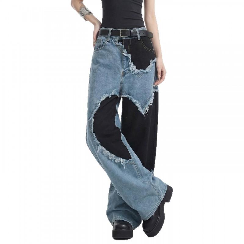Womens High Waist Wide Leg Jeans Distressed Washed Denim Pants Slim Fit Casual Trousers Teens