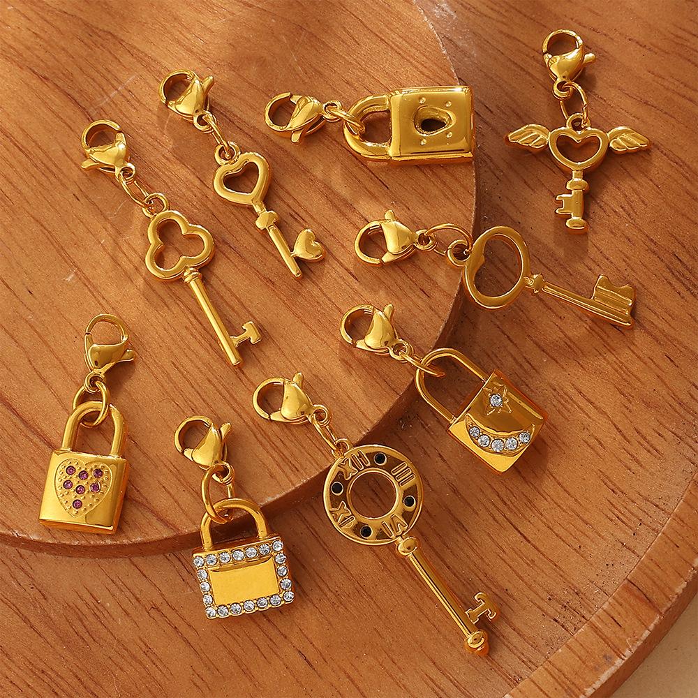 Retro Wind Diamond Lock Key Series Lobster Buckle Pendant Stainless Steel Gold-Plated Versatile Diy Accessories