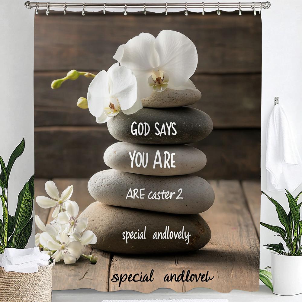 Zen Stone With Lotus Reflection In Water Shower Curtain, Bathroom Decorative Shower Curtain, Home Flowers Curtain With Hooks
