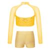 Girls Shiny Sequins Crop Top Sheer Mesh Mock Neck Long Sleeve Cutout V Waistband Shorts Dance Outfit