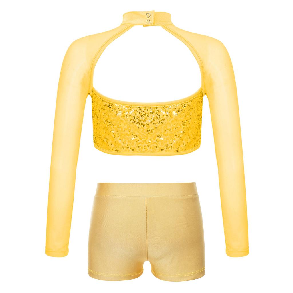 Girls Shiny Sequins Crop Top Sheer Mesh Mock Neck Long Sleeve Cutout V Waistband Shorts Dance Outfit